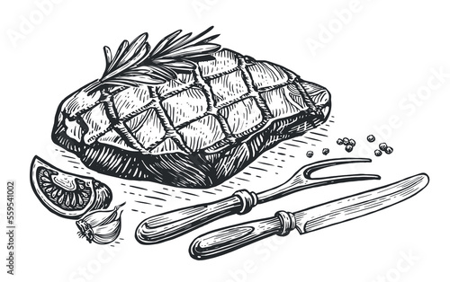 Hand drawn meat steak grilled in vintage engraving style. Roast beef, grill food, barbecue sketch. Vector illustration