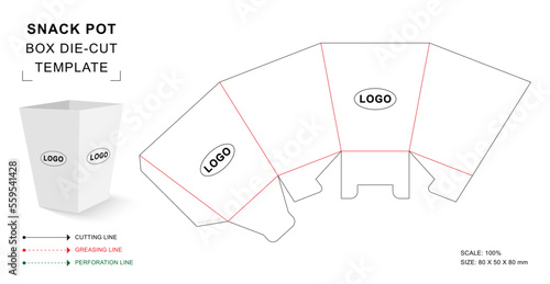 Snack pot box die cut template with 3D blank vector mockup for food packaging