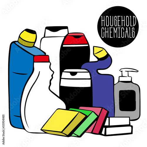 Sketch household chemicals set. Collection of cleaning products. illustration of toilet cleaning products, at home. tools, sponge, washcloth for cleaning and household chemicals