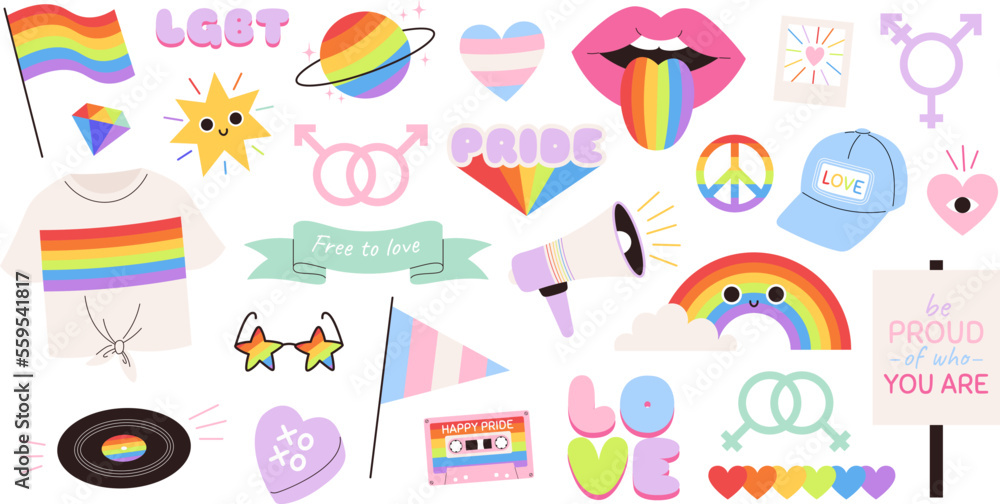 Lgbtq pride badges, gay symbols stickers design. Trans-gay symbols set, hearts, flags and rainbow. Queer sex person icons, racy vector patches