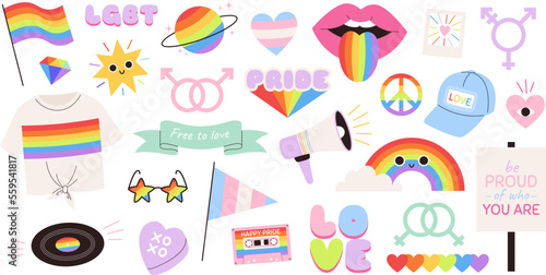 Lgbtq pride badges  gay symbols stickers design. Trans-gay symbols set  hearts  flags and rainbow. Queer sex person icons  racy vector patches