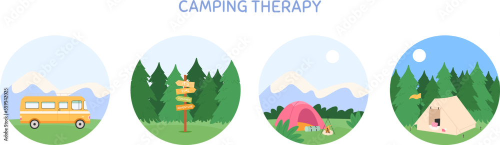Camping round badges templates. Cartoon camp tent and fire, bus and direction arrows. Decorative forest adventures vector stickers