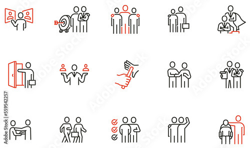 Vector Set of Linear Icons Related to Leadership Traits, Career Progression, Self-Realization and to Share Experience. Mono Line Collection Icons and Infographics Design Elements