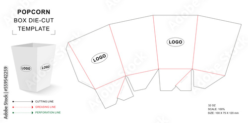 Popcorn box die cut template with 3D blank vector mockup for 32 ounce