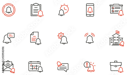 Vector Set of Linear Icons Related to Notification, Reminder and Bell. Mono Line Collection Icons and Infographics Design Elements