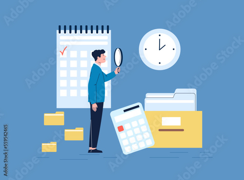 Taxes time is coming. Accounting manager look magnifying glass to clock, stay with folders, documents and calendar. Financial or administrative vector worker