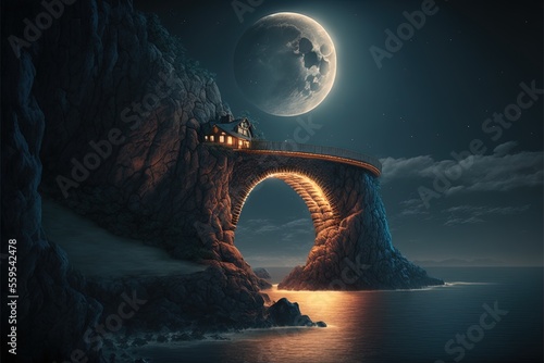 Night mountain landscape with a bridge on a high mountain, big moon, neon light, mountains, ocean coast, night view. AI