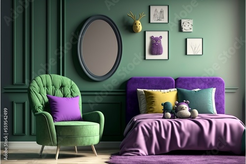 Fancy room interior green and purple