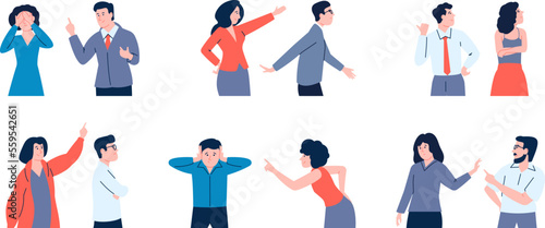 Denial and ignoring people, indifferent woman dont listening man. Toxic relationship, angry and sensitive characters. Recent expression vector set