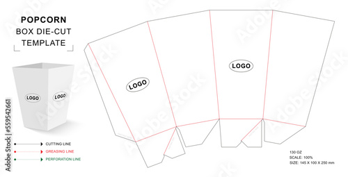 Popcorn box die cut template with 3D blank vector mockup for 130 ounce photo