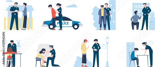 Police officers at work. Policeman and prisoner, officer listen victim or witness in office. Guarding and traffic cop, prison security detention recent vector scenes