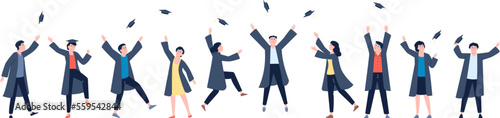Happy academy graduate students. Laughing young university characters, future professionals graduation. Congratulations ceremony vector recent scene