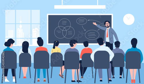Lecture teaching company. Speakers course or curriculum, business conference presentation. School students classroom or hall, recent vector lesson photo