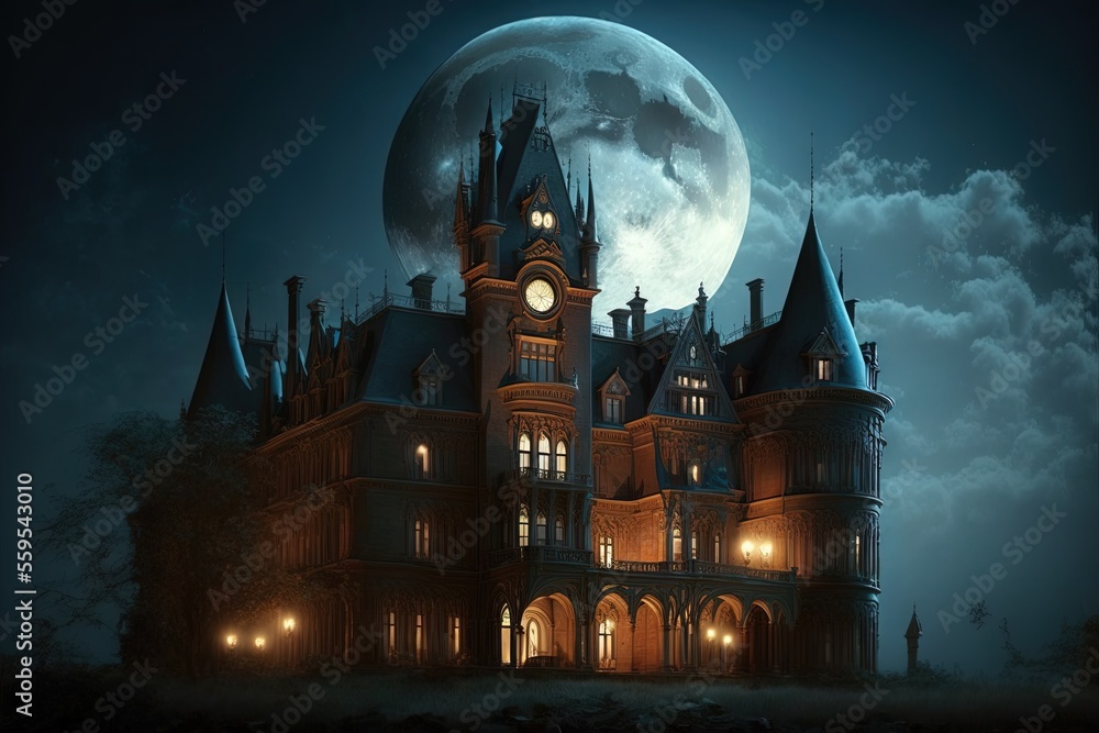 Ancient castle, night landscape with a big moon, ancient architecture, neon light, castle on the ocean. AI