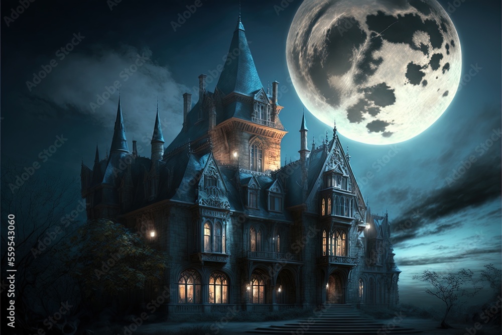 Ancient castle, night landscape with a big moon, ancient architecture, neon light, castle on the ocean. AI Ancient castle, night landscape with a big moon, ancient architecture, neon light, castle on the ocean. AI