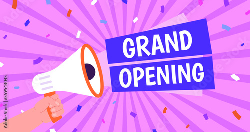 Poster grand opening, confetti and megaphone with announcement. Business open festival, celebration typography banner. Racy colorful vector marketing design
