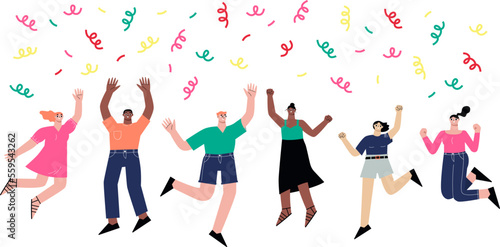 People celebrating win jumping under confetti. Happy joyful students, contemporary teens or adults celebrate. Modern flat sapid vector characters team