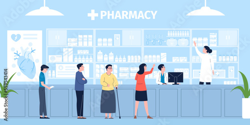 Pharmacy store, retail in clinic. Drugstore customer waiting line, medical seller or pharmacist. Woman buy medications, tablets, recent vector scene