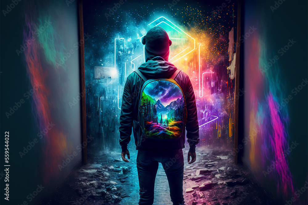 Fototapeta premium a man exploring the metaverse with augmented reality, digital illustration, generative ai