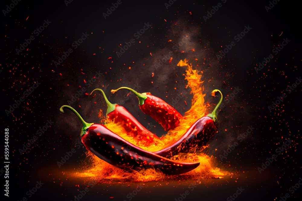 Red hot chili pepper burns on black background. ai generated - obrazy, fototapety, plakaty 