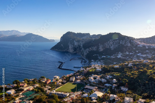 Touristic Town on Capri Island in Bay of Naples, Italy. Sunny Blue Sky. Nature Background.