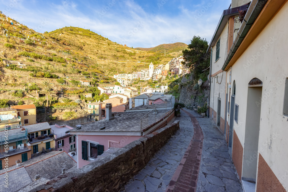 Pathway and Apartment homes in touristic town, Manarola, Italy. Cinque Terre National Park