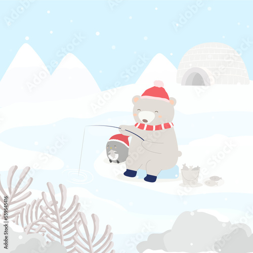Vector character with penguin and bear fishing on the snow