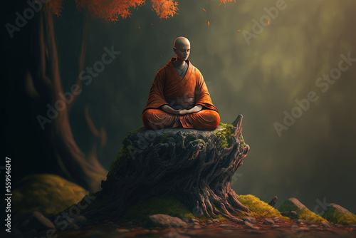 Fotografia Buddhist monk meditating in nature created using Generative AI technology