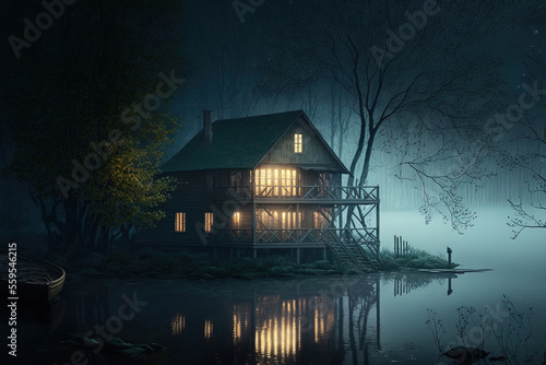 Night forest landscape with a house on the bank of the river. Moonlight, neon illumination, fantasy landscape, fog. AI