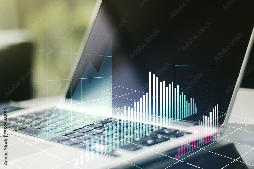 Double exposure of abstract creative financial diagram on modern laptop background, banking and accounting concept Double exposure of abstract creative financial diagram on modern laptop background, banking and accounting concept