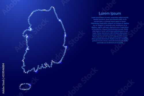 South Korea map country along contour of recurring english blue words name of state and glowing space stars