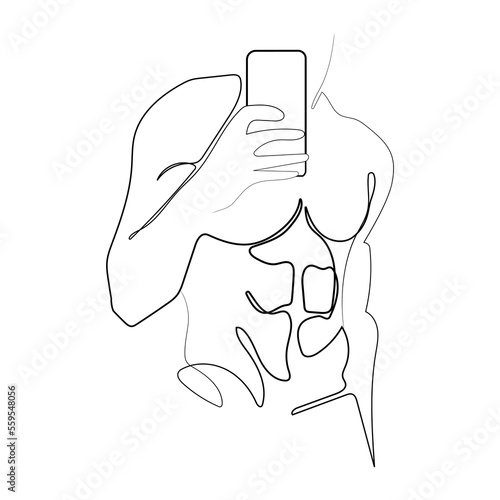 One line drawing Muscular man taking a picture of himself with a mobile phone in the mirror vector simple illustration.Fashion poster,print,Miniaml art design Handsome man body.Naked Sports male torso