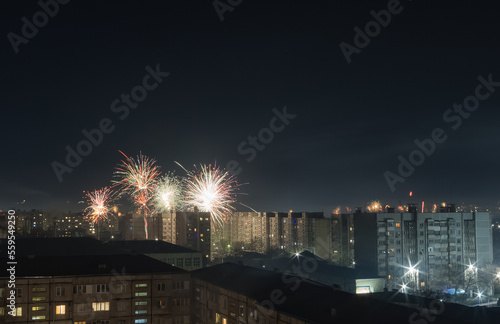 Bright colorful and multi-colored fireworks on New Year's Eve over the city, fireworks explode over a residential city © Denis