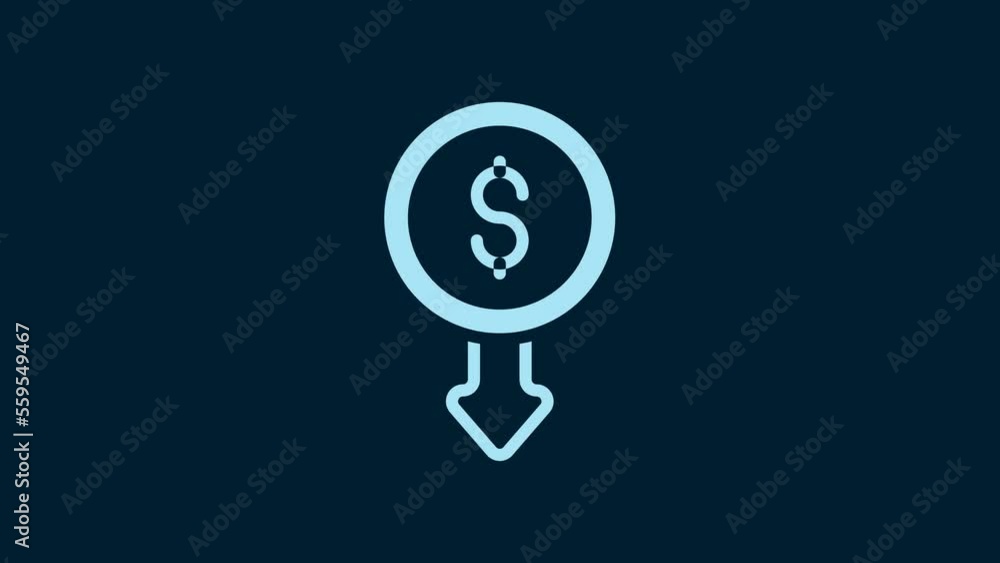 White Dollar rate decrease icon isolated on blue background. Cost reduction. Money symbol with down arrow. Business lost crisis decrease. 4K Video motion graphic animation White Dollar rate decrease icon isolated on blue background. Cost reduction. Money symbol with down arrow. Business lost crisis decrease. 4K Video motion graphic animation