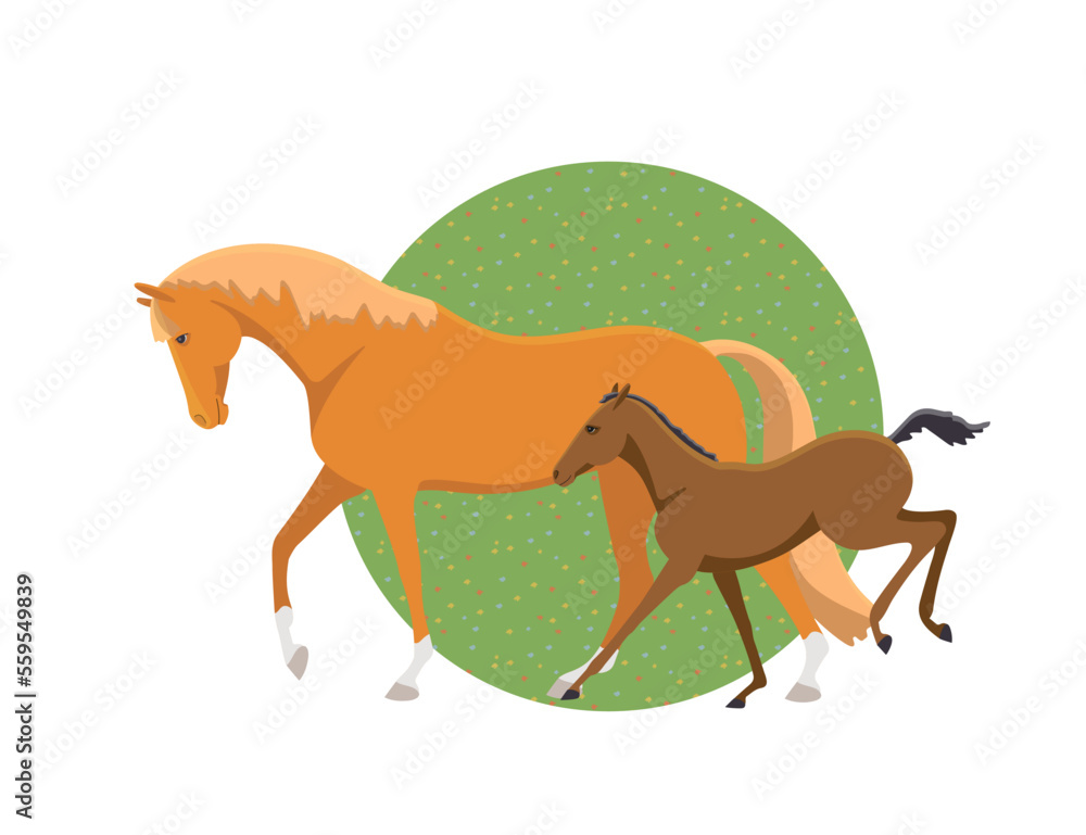 Mare with foal on a walk, flat vector illustration Mare with foal on a walk, flat vector illustration