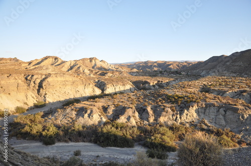 Dried up river bed and morning view on the Tabernas desert.Almeria,Spain