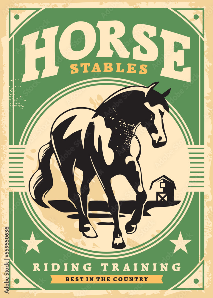 Horse stables vintage poster design. Farm animals retro promo sign with ...