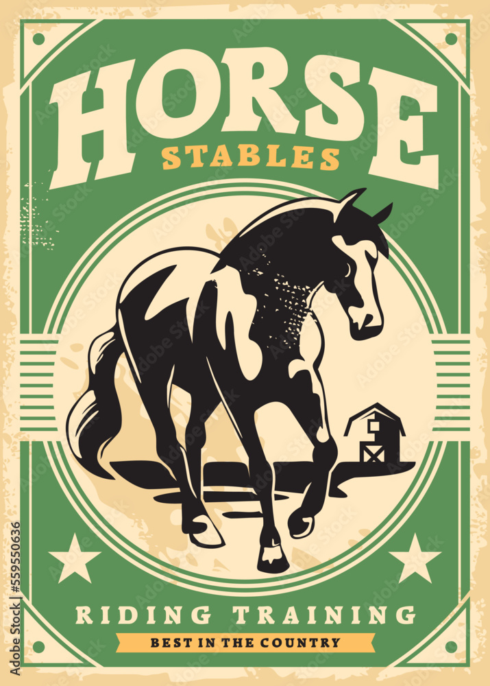 Horse stables vintage poster design. Farm animals retro promo sign with