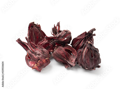 Dry flowers of hibiscus on a white background close-up.