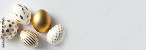 Easter poster and banner template with Luxury Golden Easter eggs copy space. white background  Greetings  and presents for Easter Day in banner flat-lay styling.3d illustration