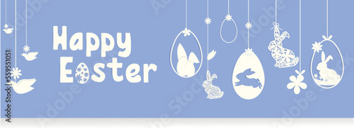 happy Easter text banner with easter eggs, rabbits bunny ears, birds and flowers on blue background vector. paper applique garland style