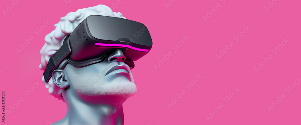 Banner of statue black man in a VR headset exploring the metaverse world, touching virtual reality subjects with copy space on the pink banner background. Banner of statue black man in a VR headset exploring the metaverse world, touching virtual reality subjects with copy space on the pink banner background.