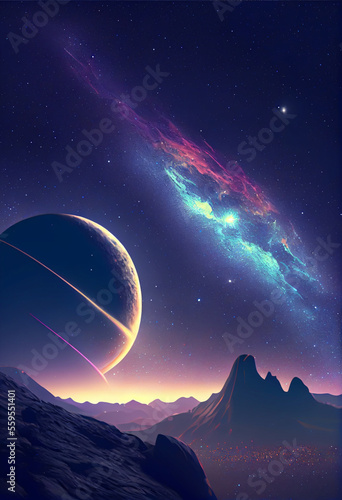 A breathtaking view of the milky way galaxy  with a distant planet hovering in the foreground. Generative Ai illustration in vector style.