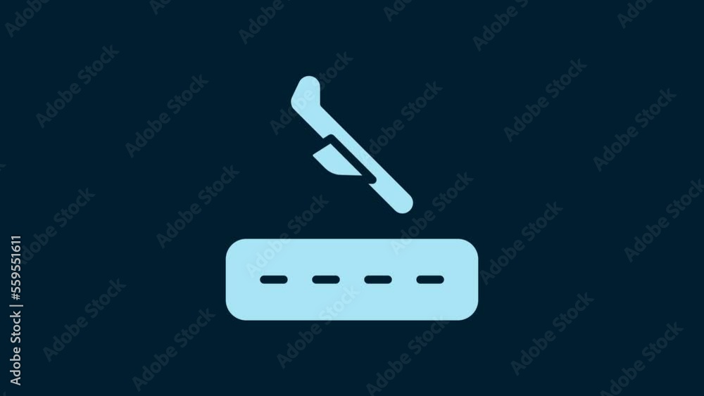 White Plane landing icon isolated on blue background. Airplane transport symbol. 4K Video motion graphic animation White Plane landing icon isolated on blue background. Airplane transport symbol. 4K Video motion graphic animation
