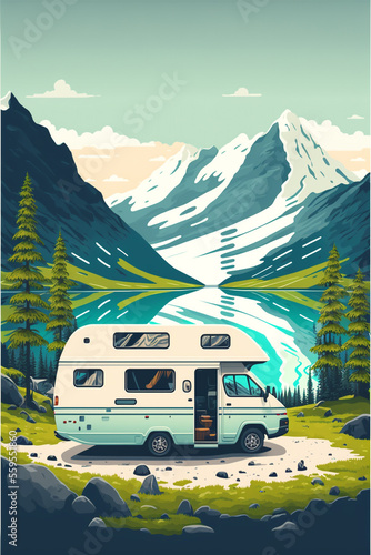 Family vacation travel RV, holiday trip in motorhome, Caravan car Vacation. Beautiful Nature Norway's natural landscape. Generative Ai illustration in vector style.