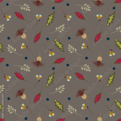 Stylish vector abstract floral seamless pattern in scandinavian style. Modern doodle painting. Texture with berries, autumn fruits,flowers, organic shapes on a gray background. Repeated design