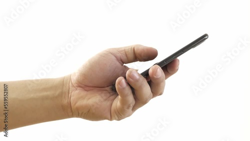 Man hand holding black smartphone on white background