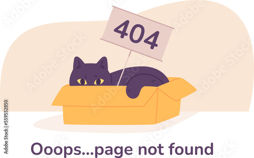 Cat error page. Asleep kitten in box with 404 sign, empty pages not found, computer internet trouble oops lost fail website, cartoon chubby kitty on white space vector illustration
