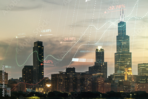 Multi exposure of stats data illustration on Chicago city skyline background, computing and analytics concept