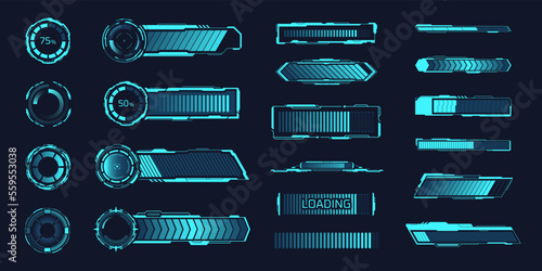 Hud loaders. Loading bar speed progress elements, radial timeline stages, glowing diagrams tech scale download complete, neon progressbar load sci fi status, ui vector illustration